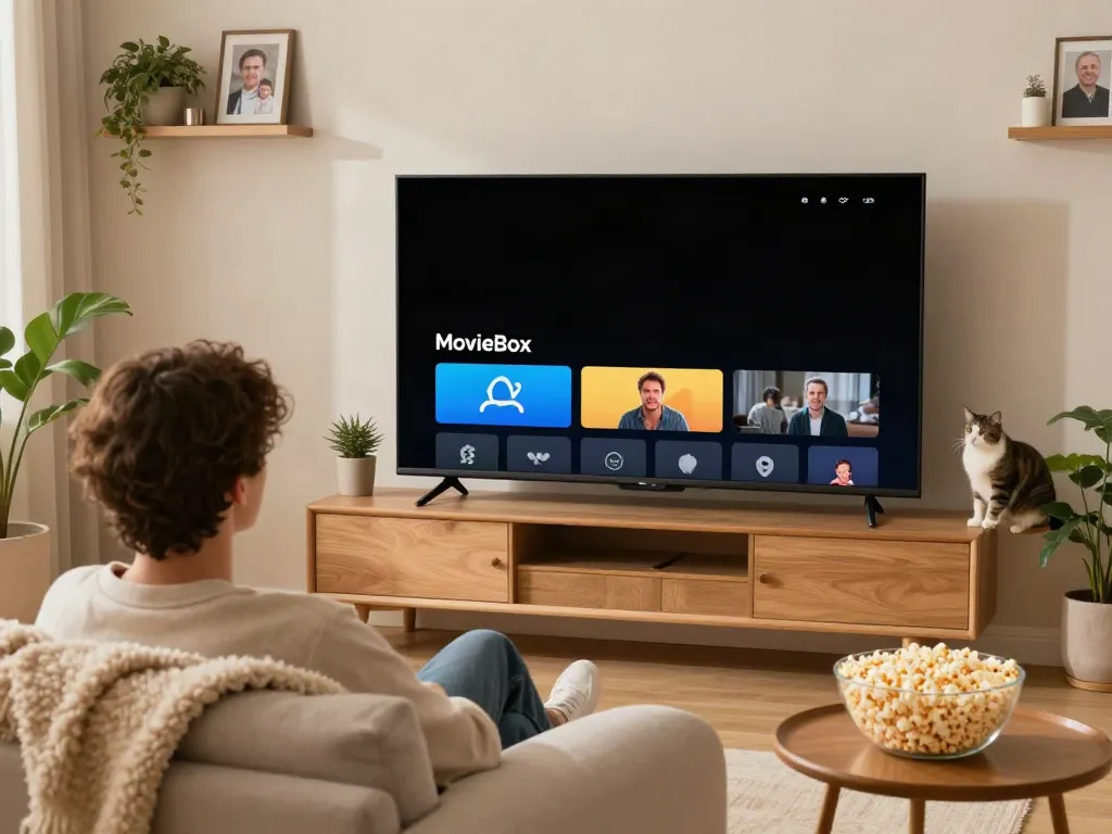 Cozy home setting featuring moviebox app displayed on TV screen with a person enjoying a film