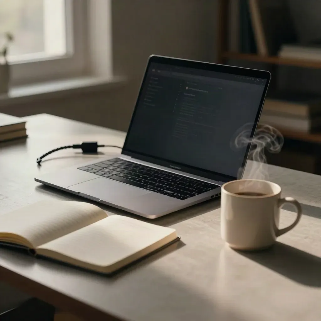 Slim laptop, charger, notebook and steaming mug on a pale desk in soft window light.