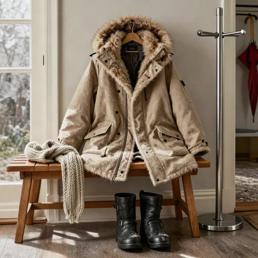 Camel parka with boots and scarf in a bright foyer after sleet.