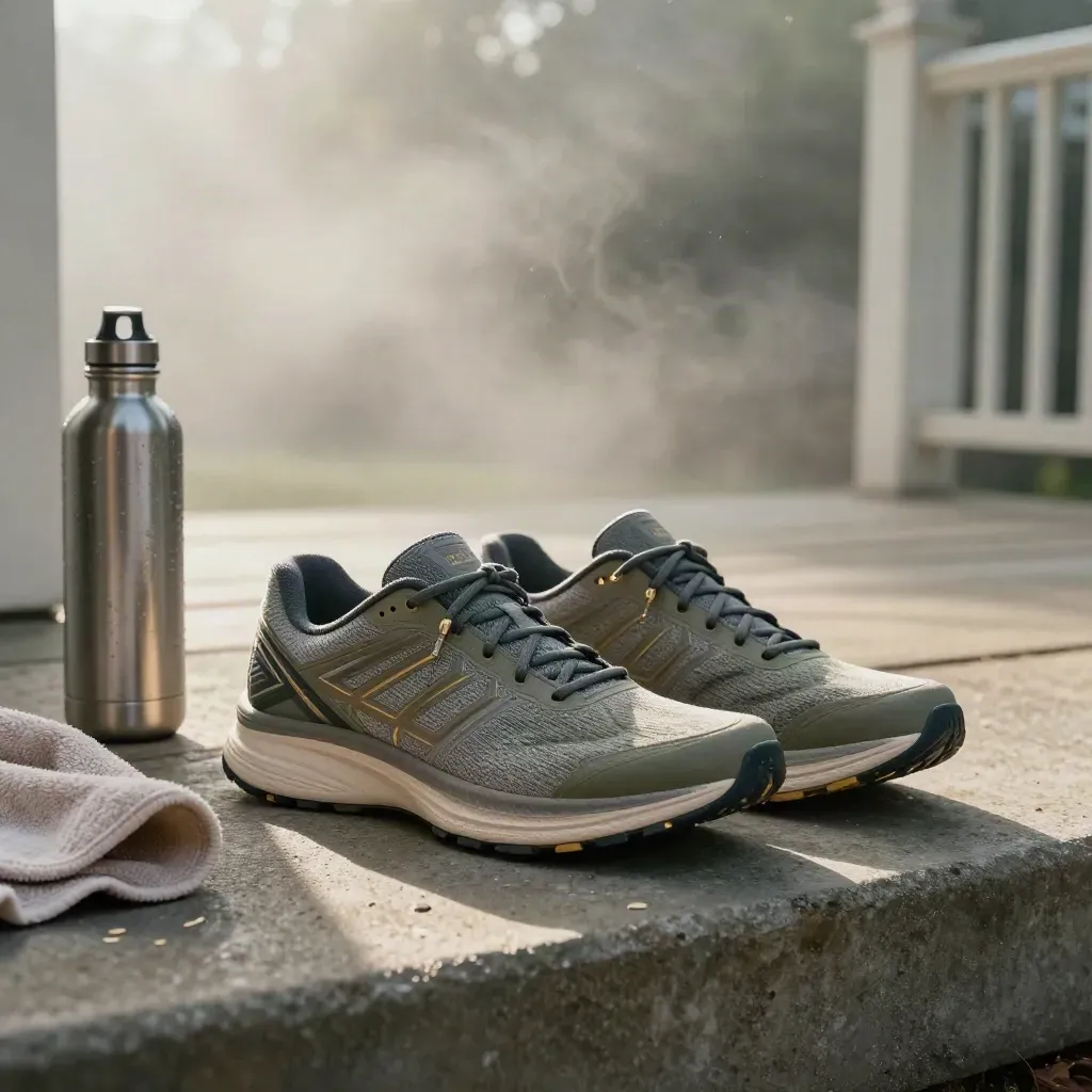 Running shoes mid-release on a porch step beside a water bottle and towel in morning mist.