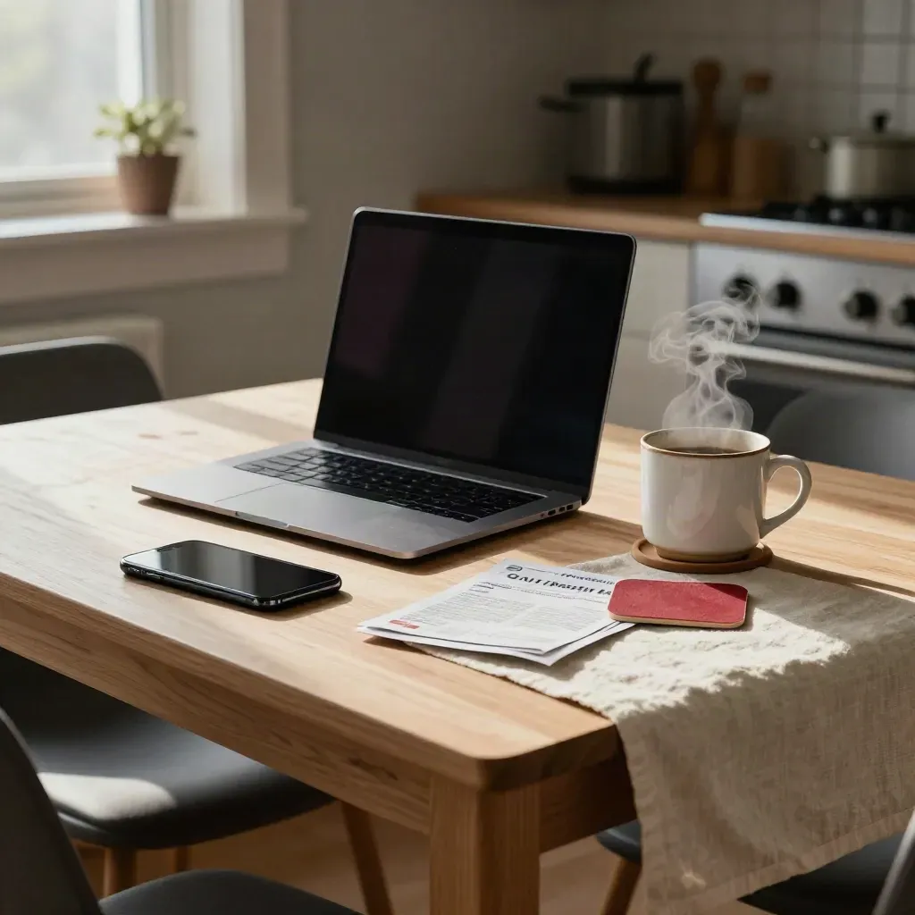 Phone, laptop, mug, and folded mail on a breakfast table as a morning alert lands.