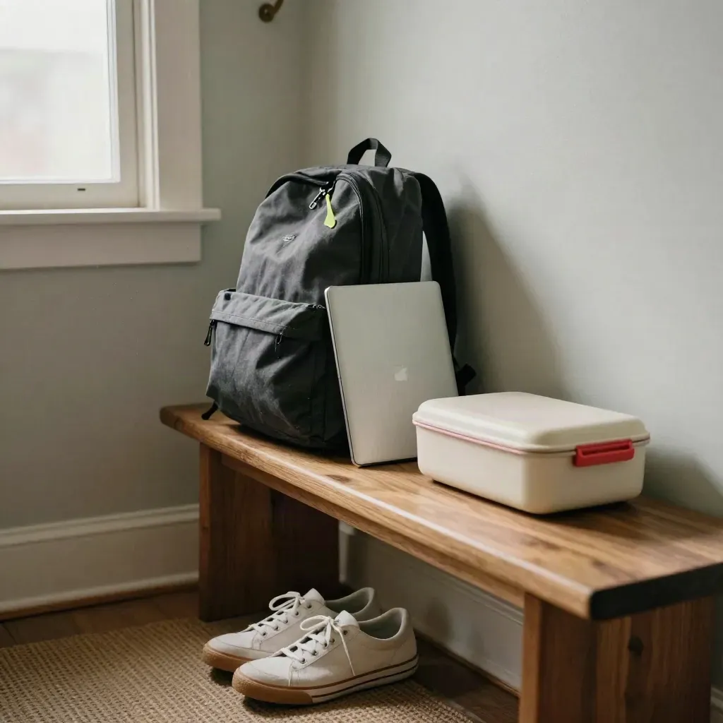 Backpack, closed laptop, lunch box, and sneakers lined up by a sunlit entry bench.