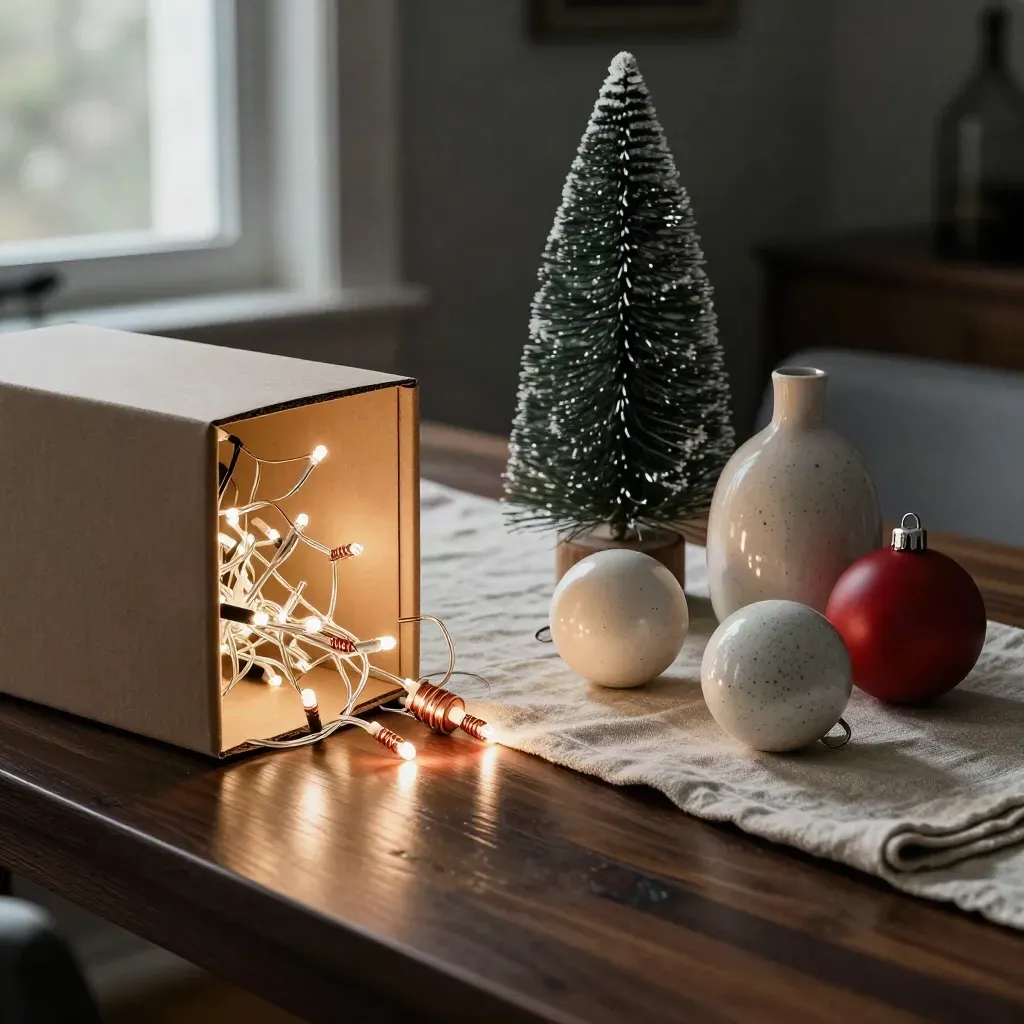 Holiday decor items on a dining table by cold window light