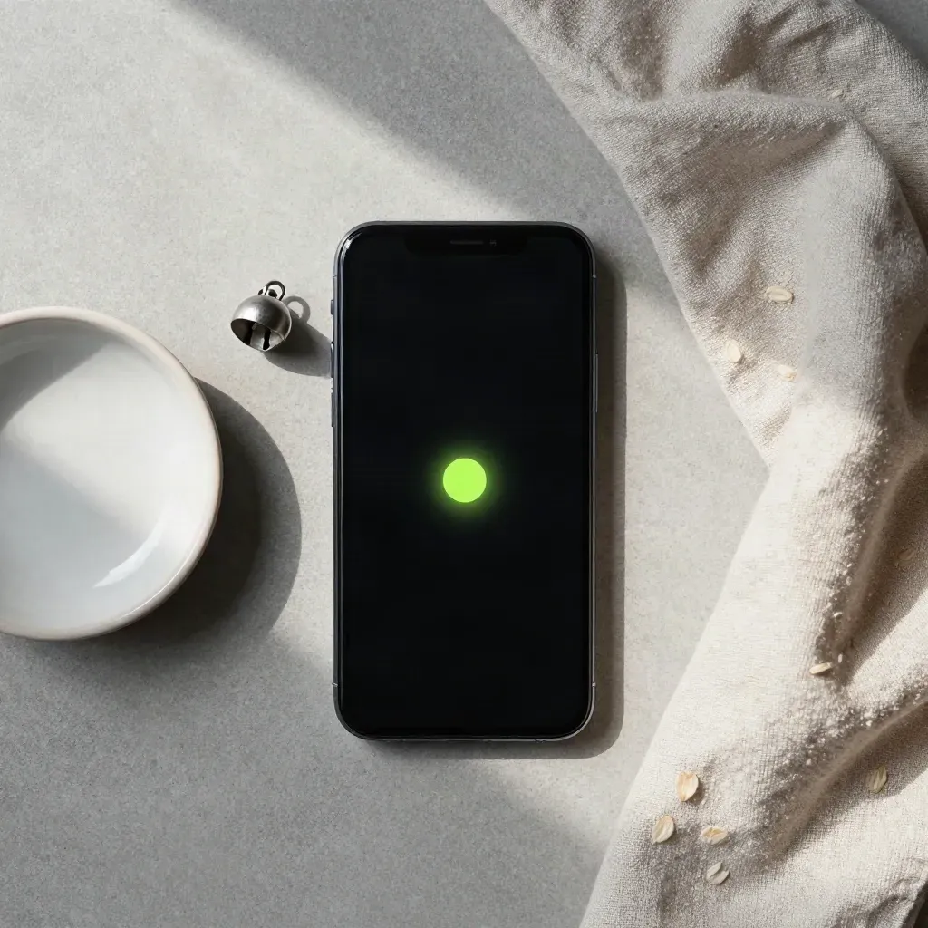 Overhead smartphone alert flatlay with bell charm, dish, and linen on concrete.