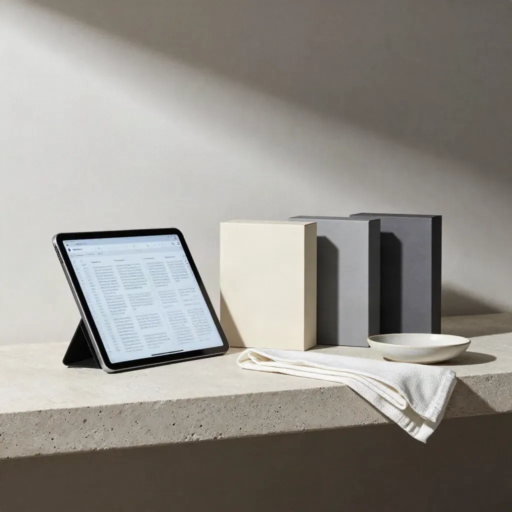 Tablet beside sample boxes, cloth and dish on a pale stone shelf in soft daylight.