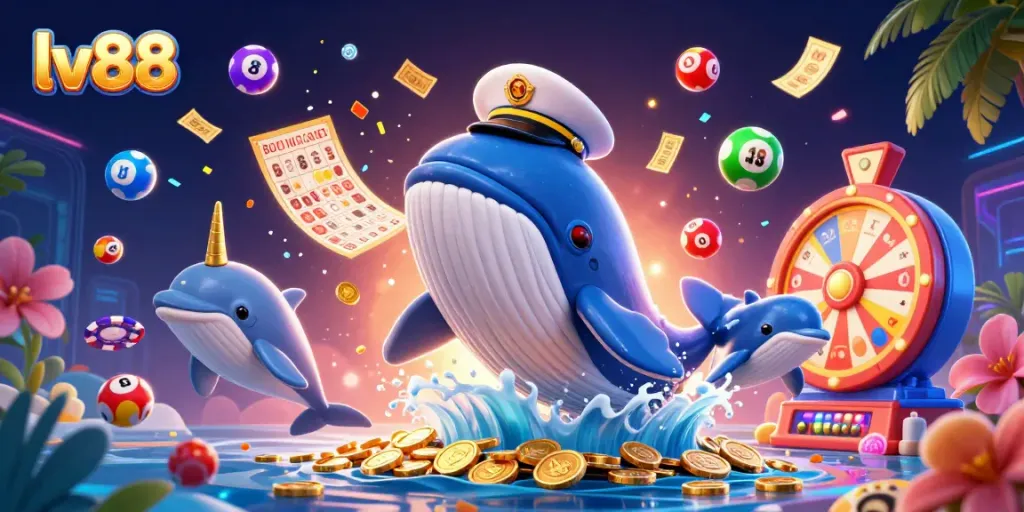 Experience thrilling gaming at lv88 with a vibrant 3D illustration of a whale and playful dolphins amidst a casino-themed backdrop.