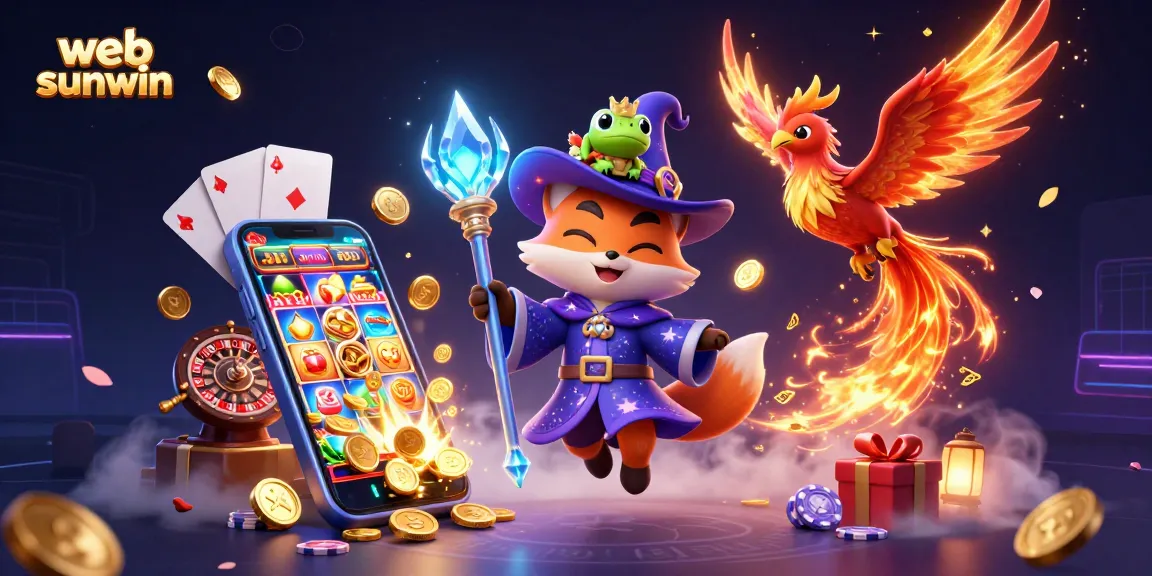 Spin to win on web sunwin with a mystical casino-themed illustration of a wizard fox and friends.