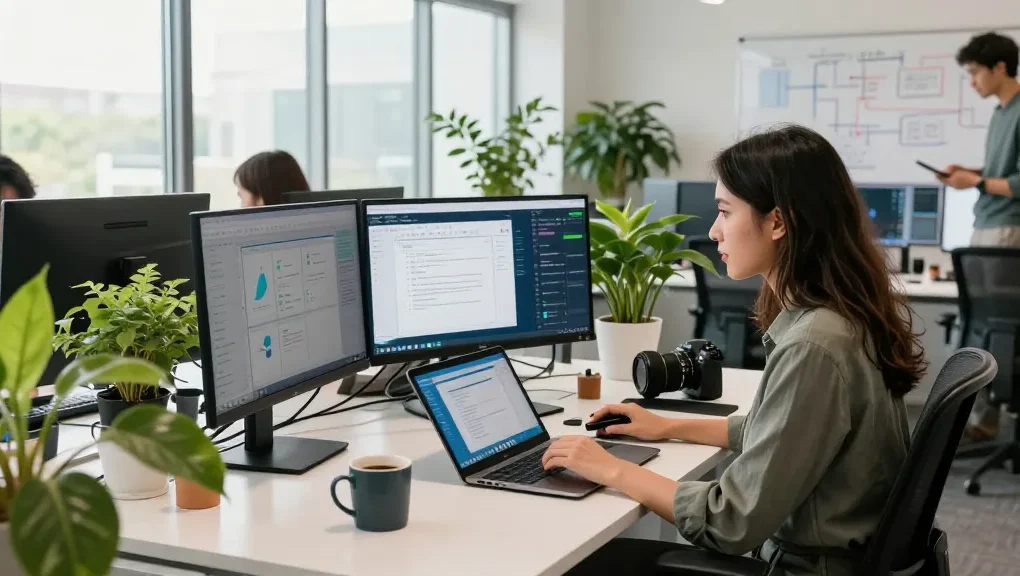 WPS Official Website user interface showcased in a modern coworking space with professionals collaborating.