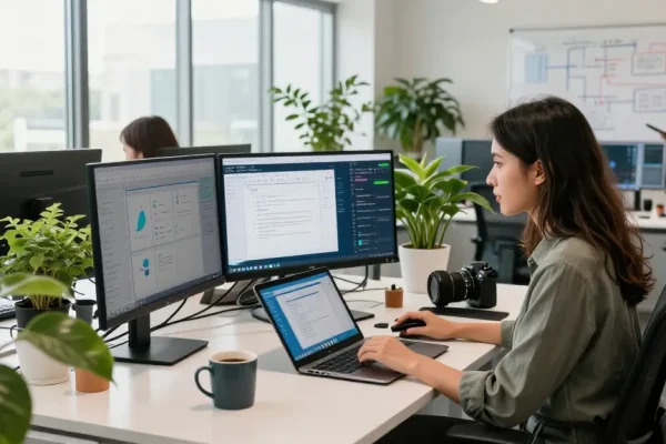 WPS Official Website user interface showcased in a modern coworking space with professionals collaborating.